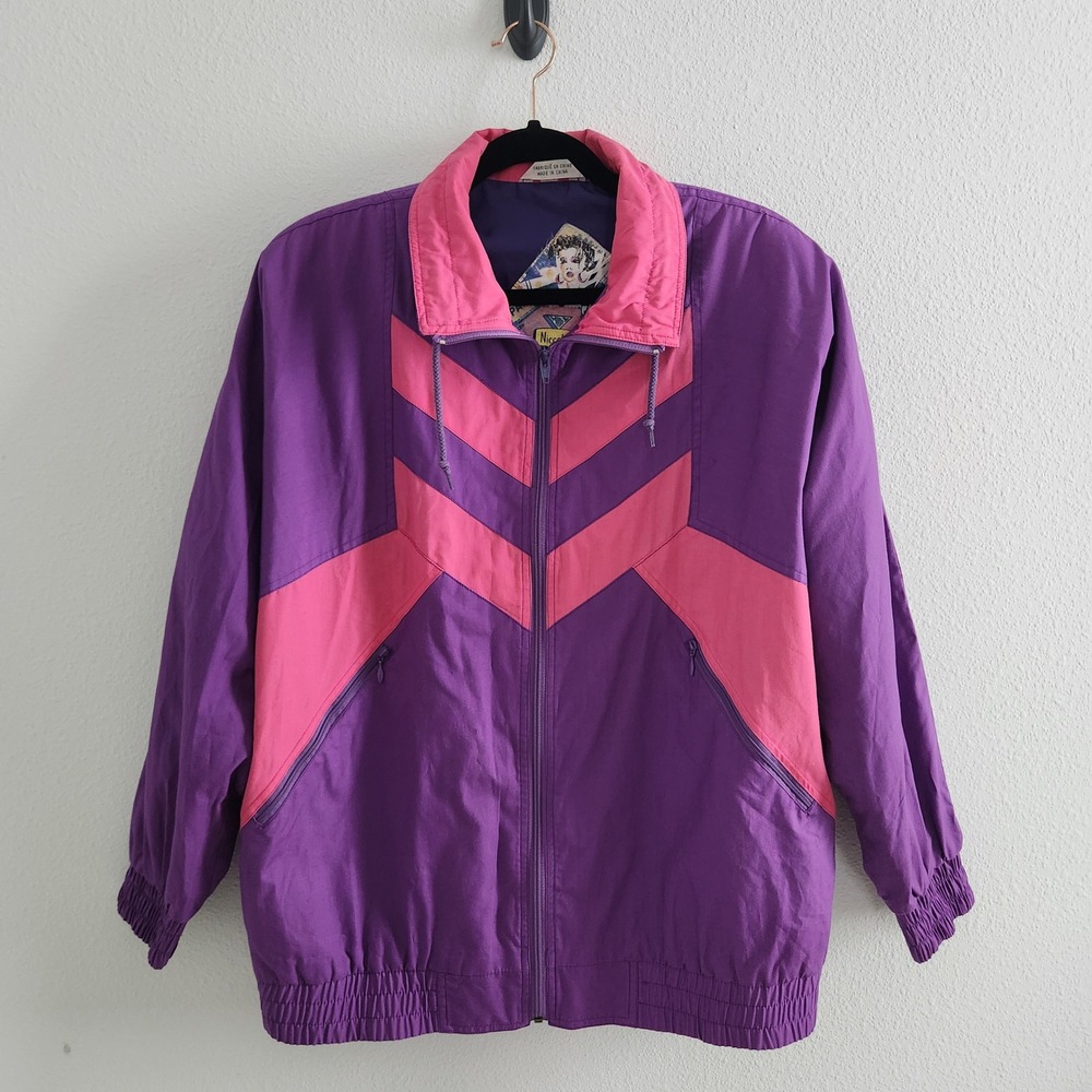 Niccolini Vintage 80s Purple Pink Chevron Colorblock Zip Up Windbreaker Jacket